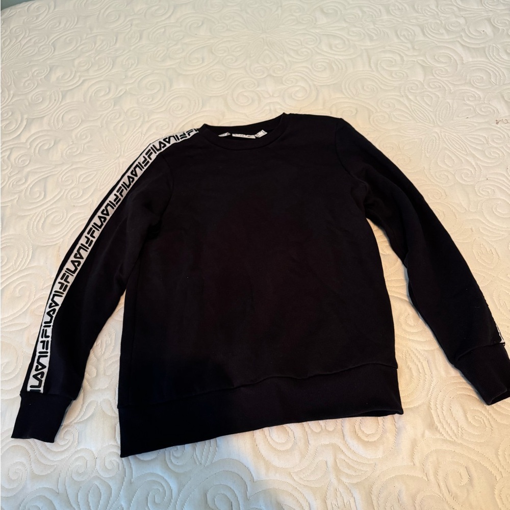 Black Fila sweatshirt with white and black logo on sleeves